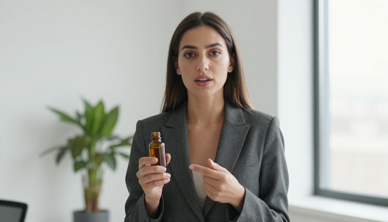 A woman in a charcoal blazer presenting a small amber bottle to camera