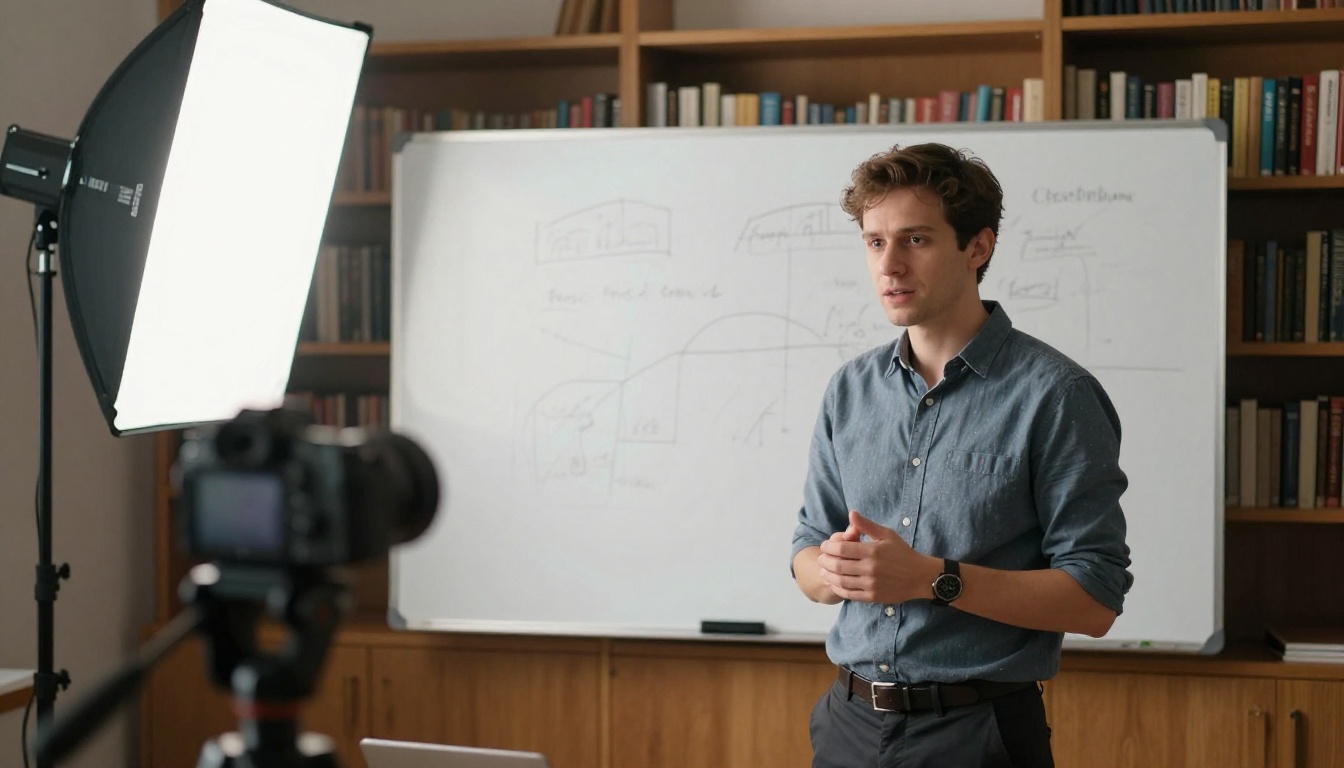 A lecturer recording an online lesson in a home study