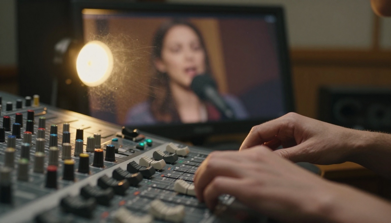 An audio engineer adjusting a fader while a speaker records behind glass