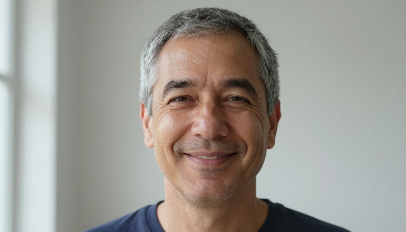 A front-facing portrait of a man with short gray hair and a navy shirt