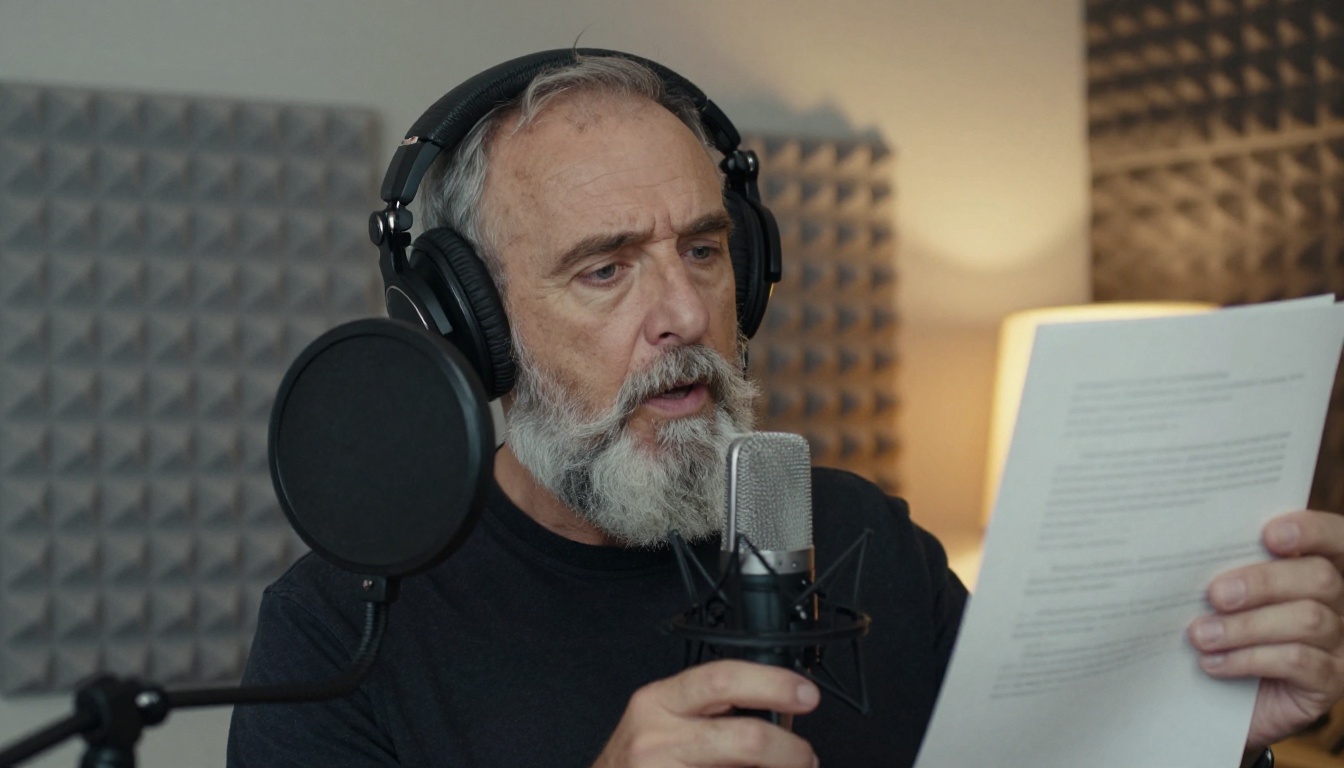 A man with a silver beard narrating into a microphone in a foam-lined corner