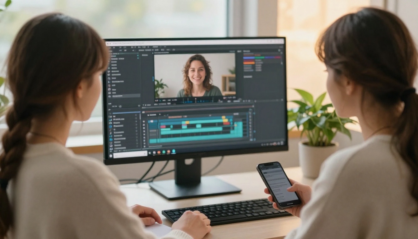 A woman at a bright workspace with a video timeline on her monitor