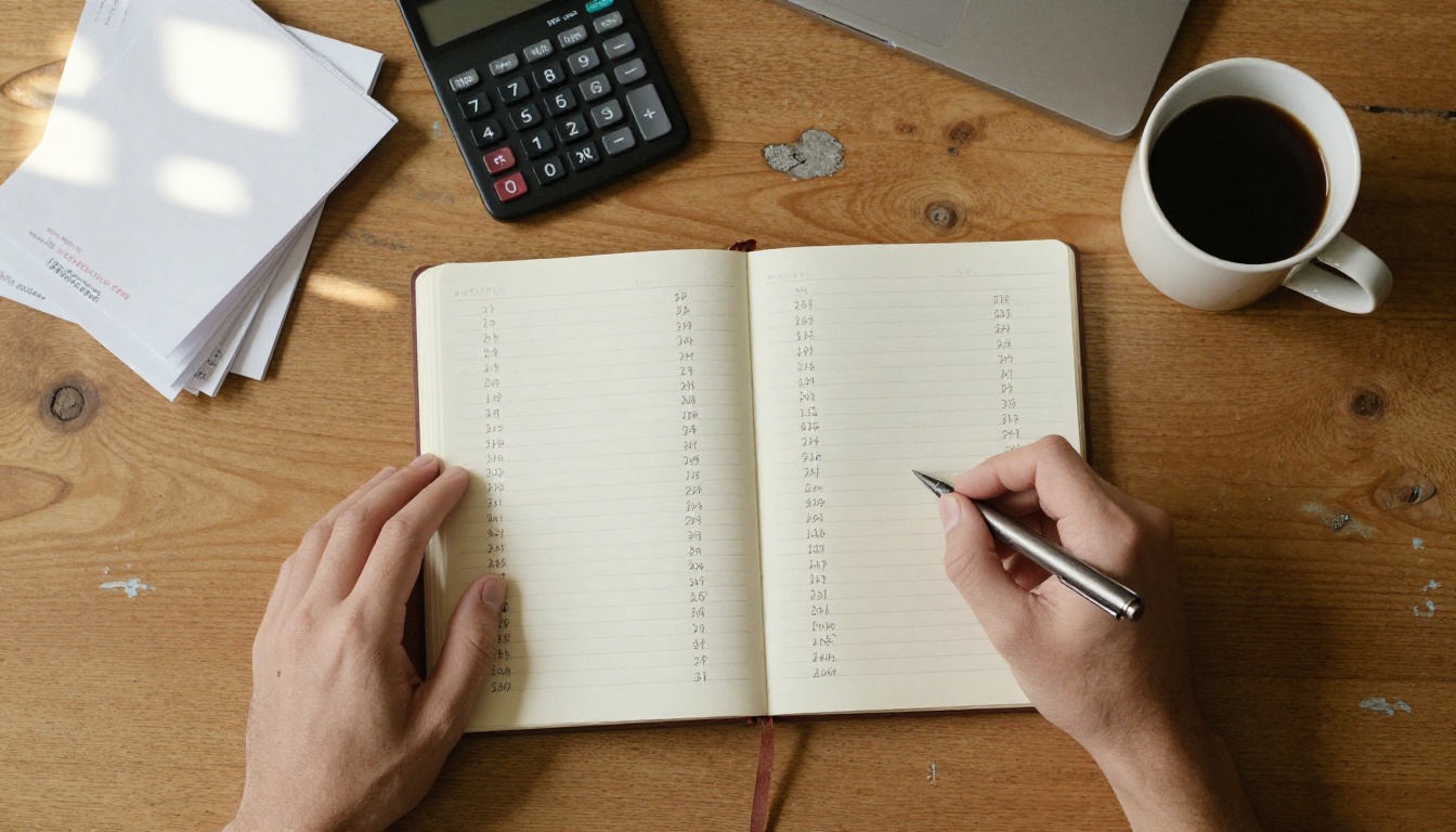 Open notebook with handwritten cost columns, a calculator and receipts on an oak desk