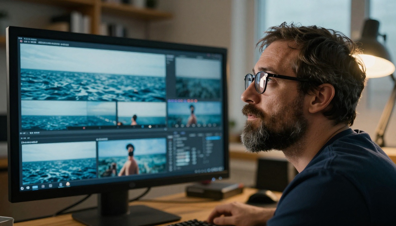 Man in a navy shirt studying a paused ocean scene on a large editing monitor