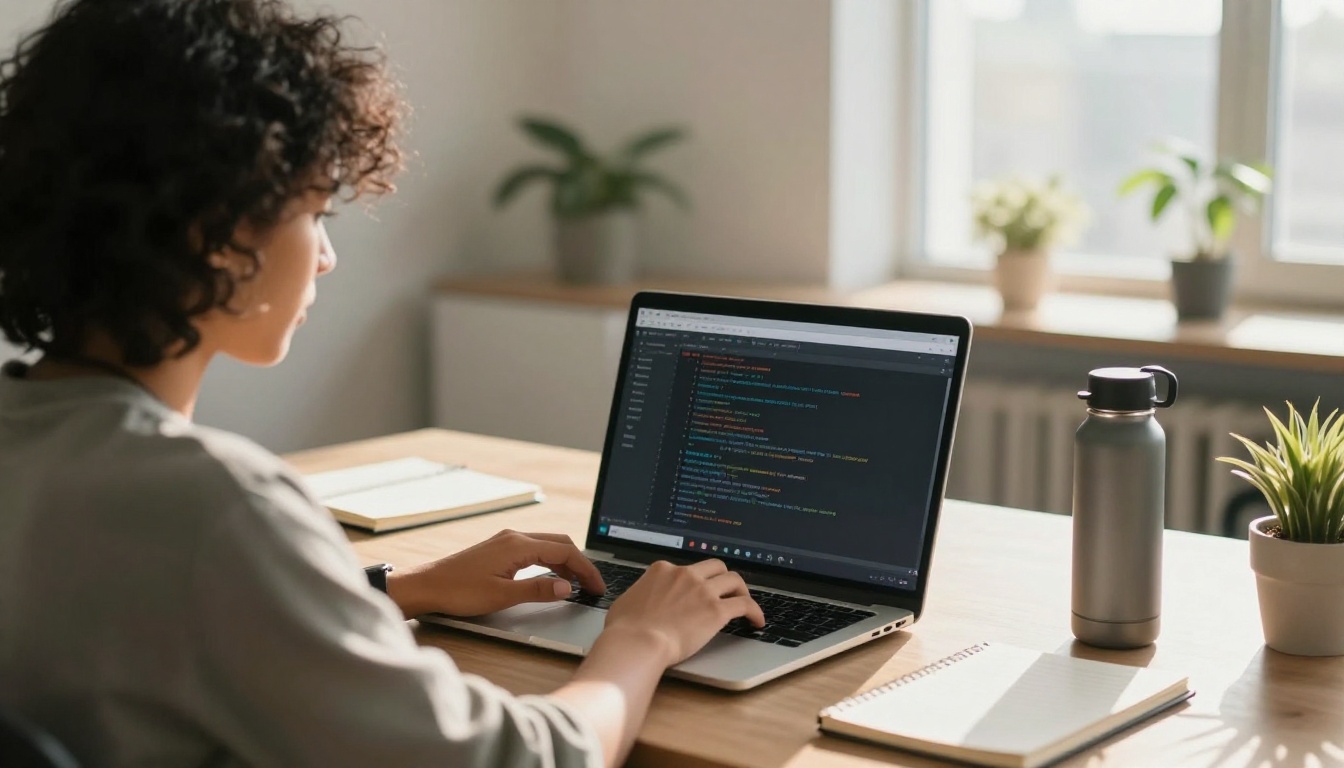 Developer typing at a silver laptop in a bright open-plan office, seen over the shoulder