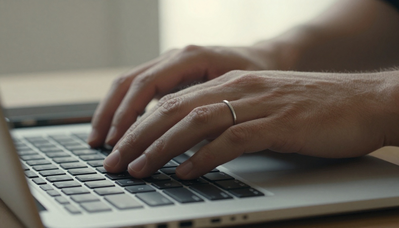 Two hands resting on a silver laptop with a smartphone face-down beside it