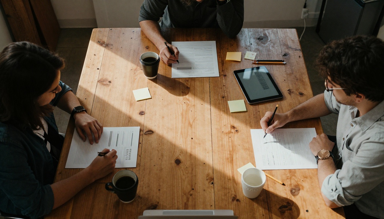 Three colleagues comparing printed charts around a long wooden table, seen from above