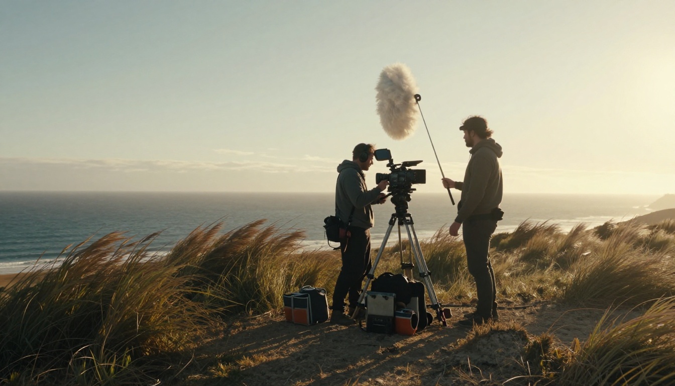 Small film crew on a windswept coastal cliff at golden hour with a cinema camera on a tripod