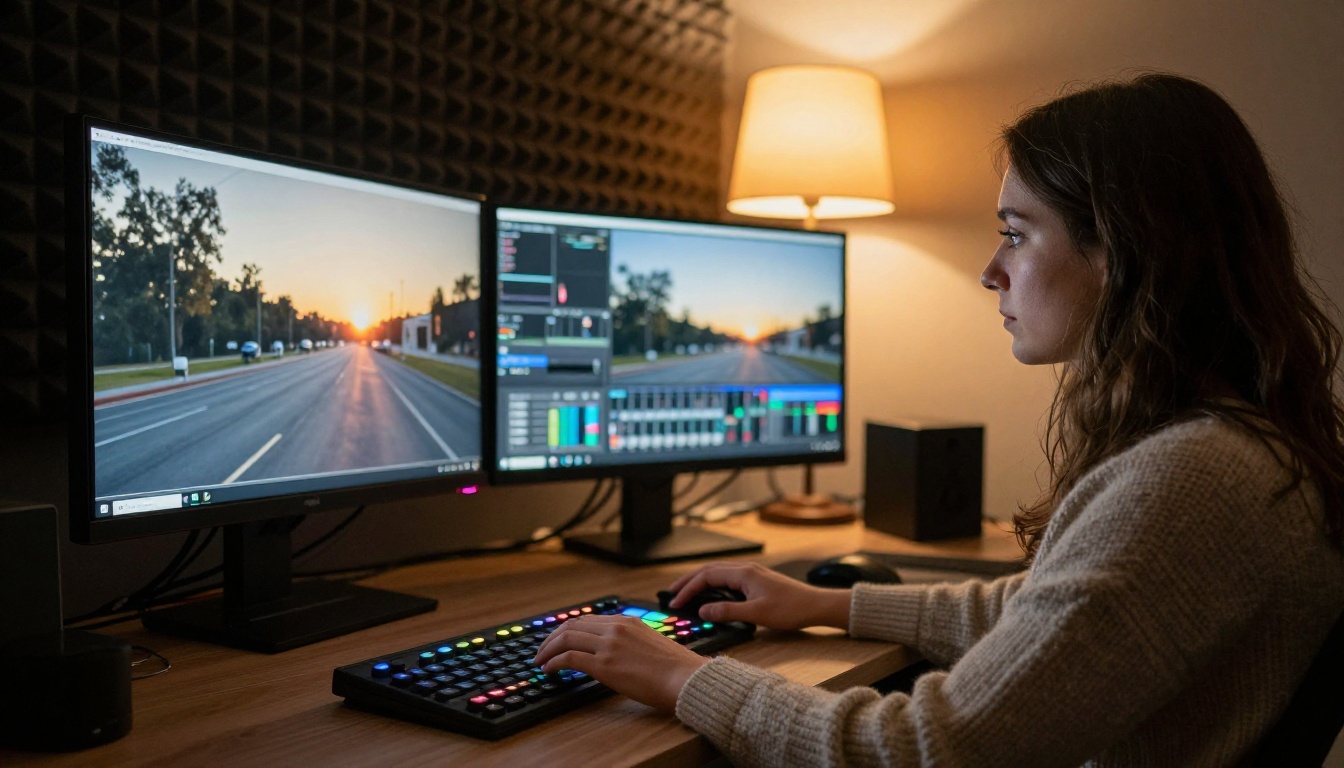Colorist in a dim edit suite with her hands on a grading panel facing two reference monitors