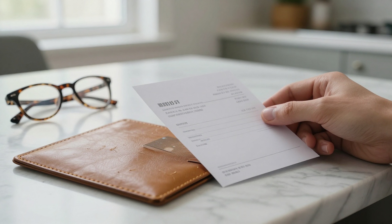 Hand sliding a paper invoice into a tan leather folder beside a credit card