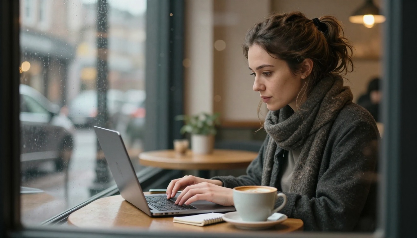 Freelance creator typing on a laptop beside a flat white, photographed through a rainy cafe window