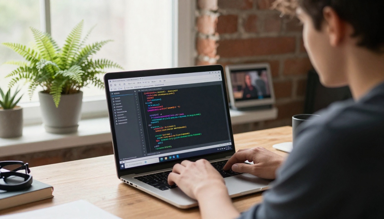 A developer typing at a laptop in a bright loft office with a video preview open beside the code editor