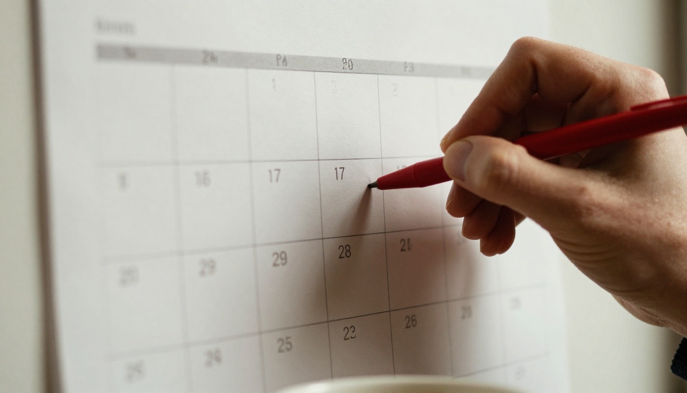 A hand circling a date in red pen on a paper wall calendar