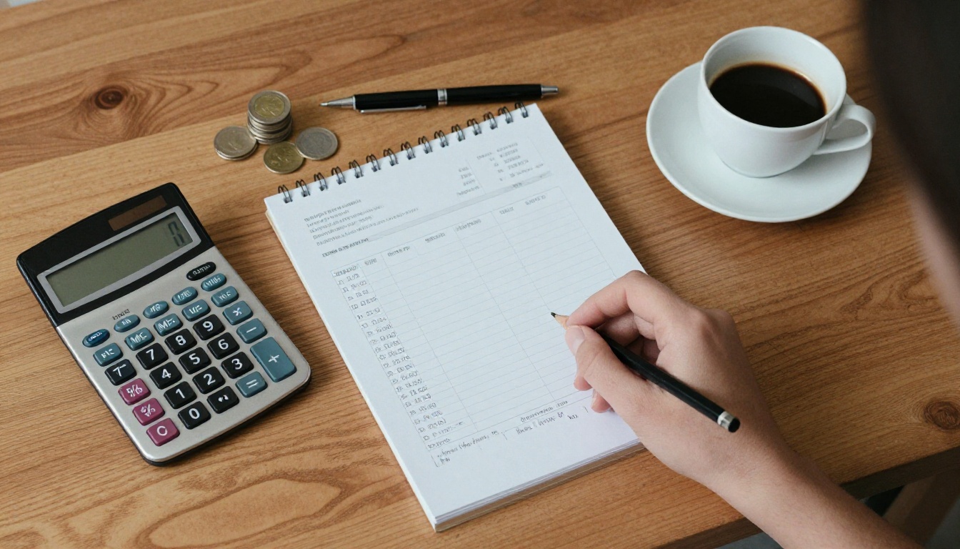 A flat lay of a calculator, notebook with handwritten cost columns, invoice and espresso cup on a walnut desk