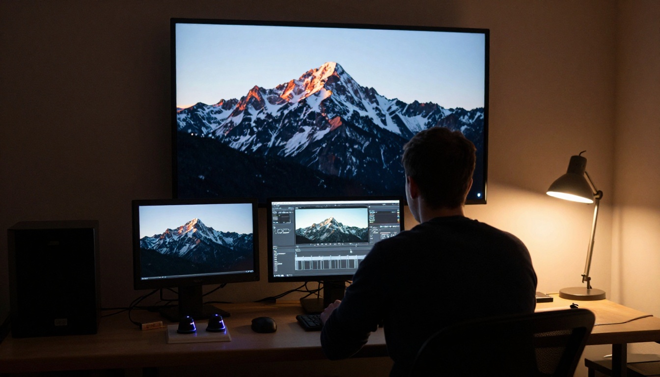 A colorist seated at a grading console in front of a reference monitor showing a mountain landscape