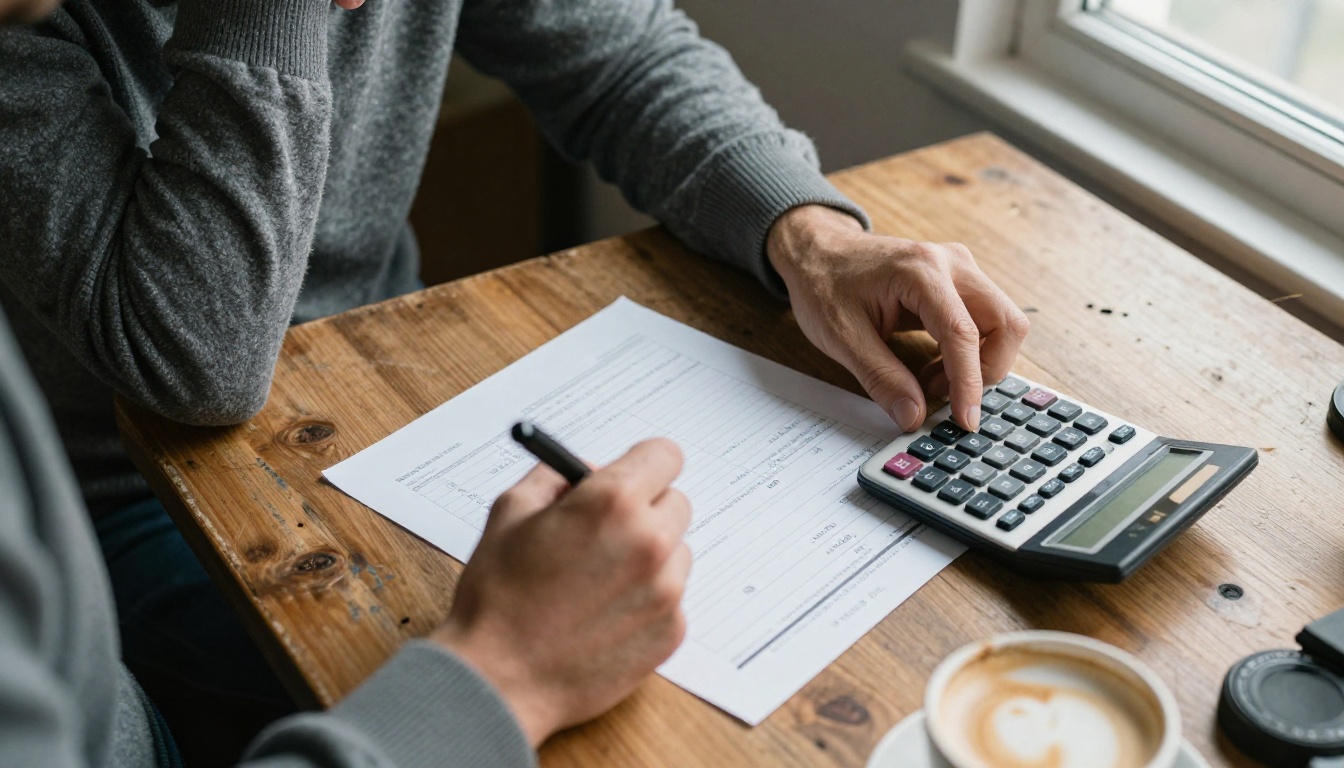 A freelance video editor comparing a printed cost table with a calculator at an oak desk