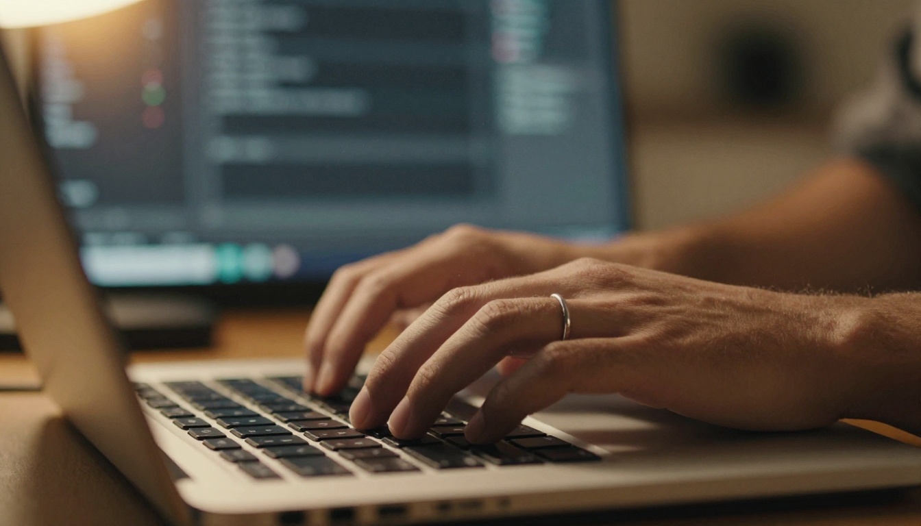 Close-up of a developer's hands typing on a slim aluminum laptop in warm lamp light