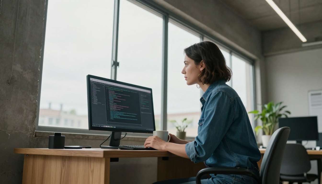 A woman developer at a standing desk glancing at a monitor in a bright loft