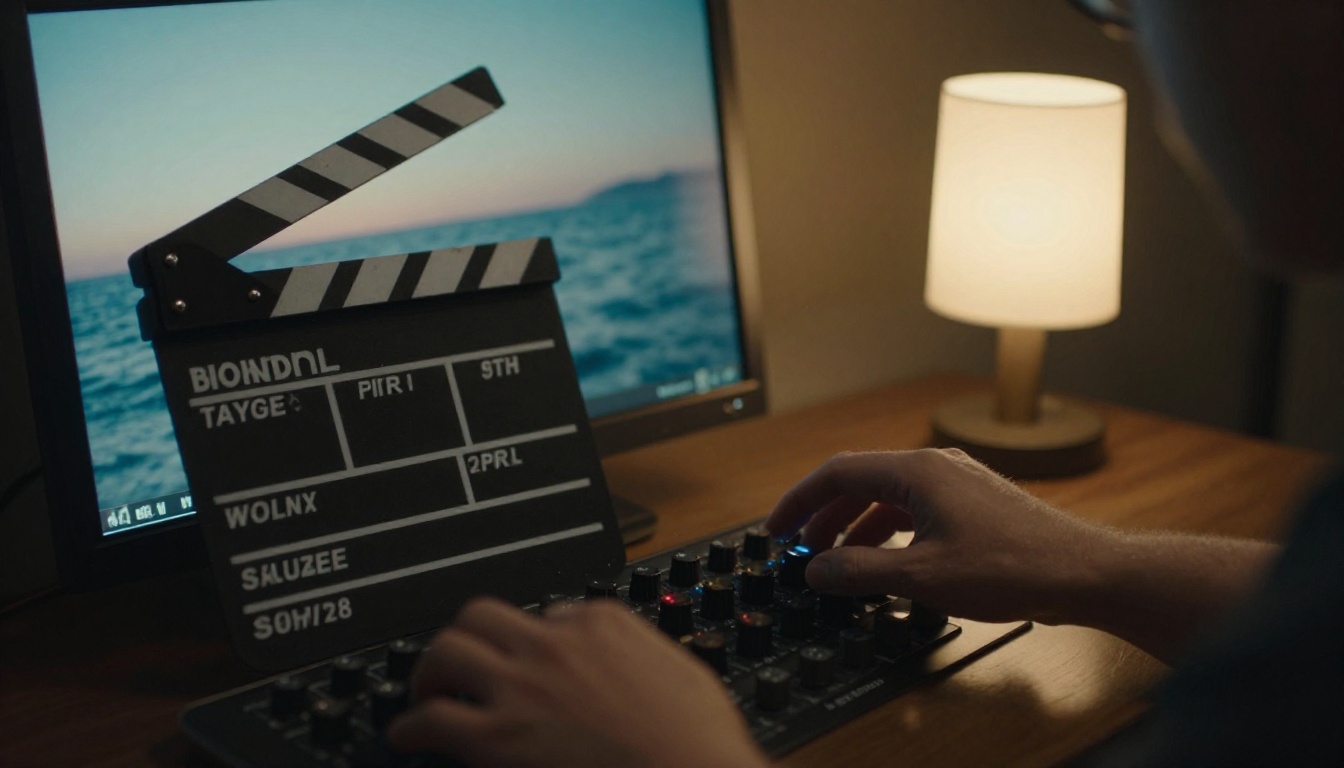 A colorist adjusting a grading console beside a reference monitor in a dim amber room