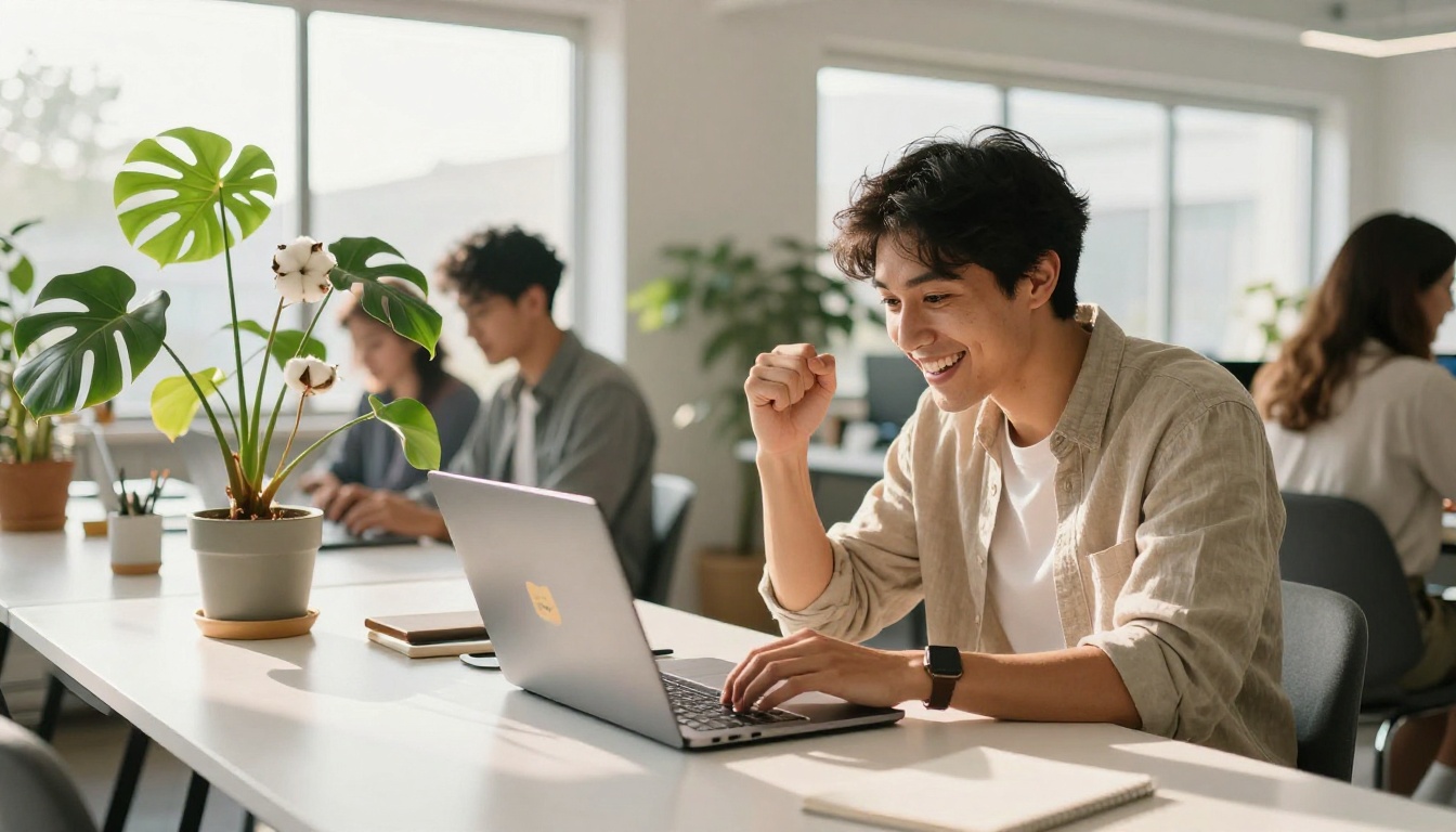 A young man grinning at his laptop in a bright coworking space