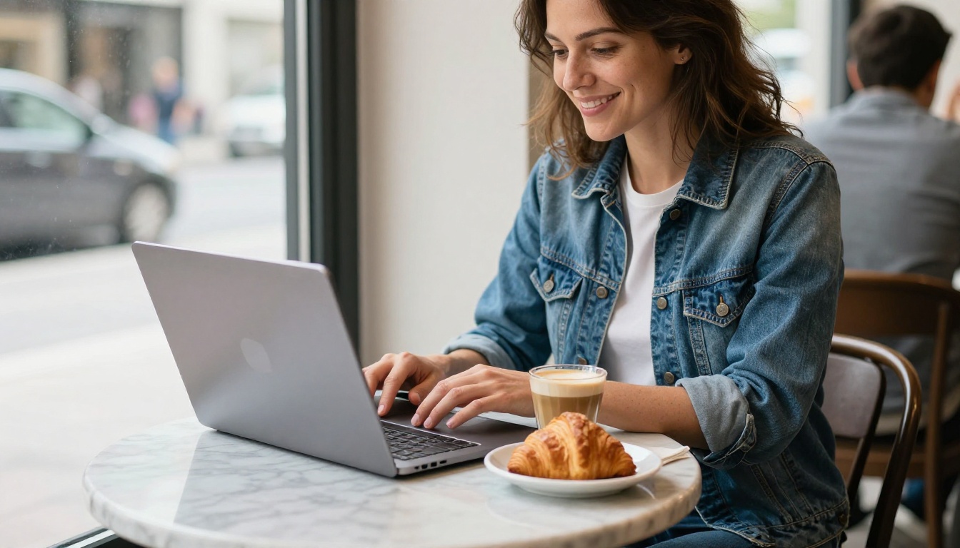 A smiling woman opening a laptop at a marble café table with a coffee and croissant