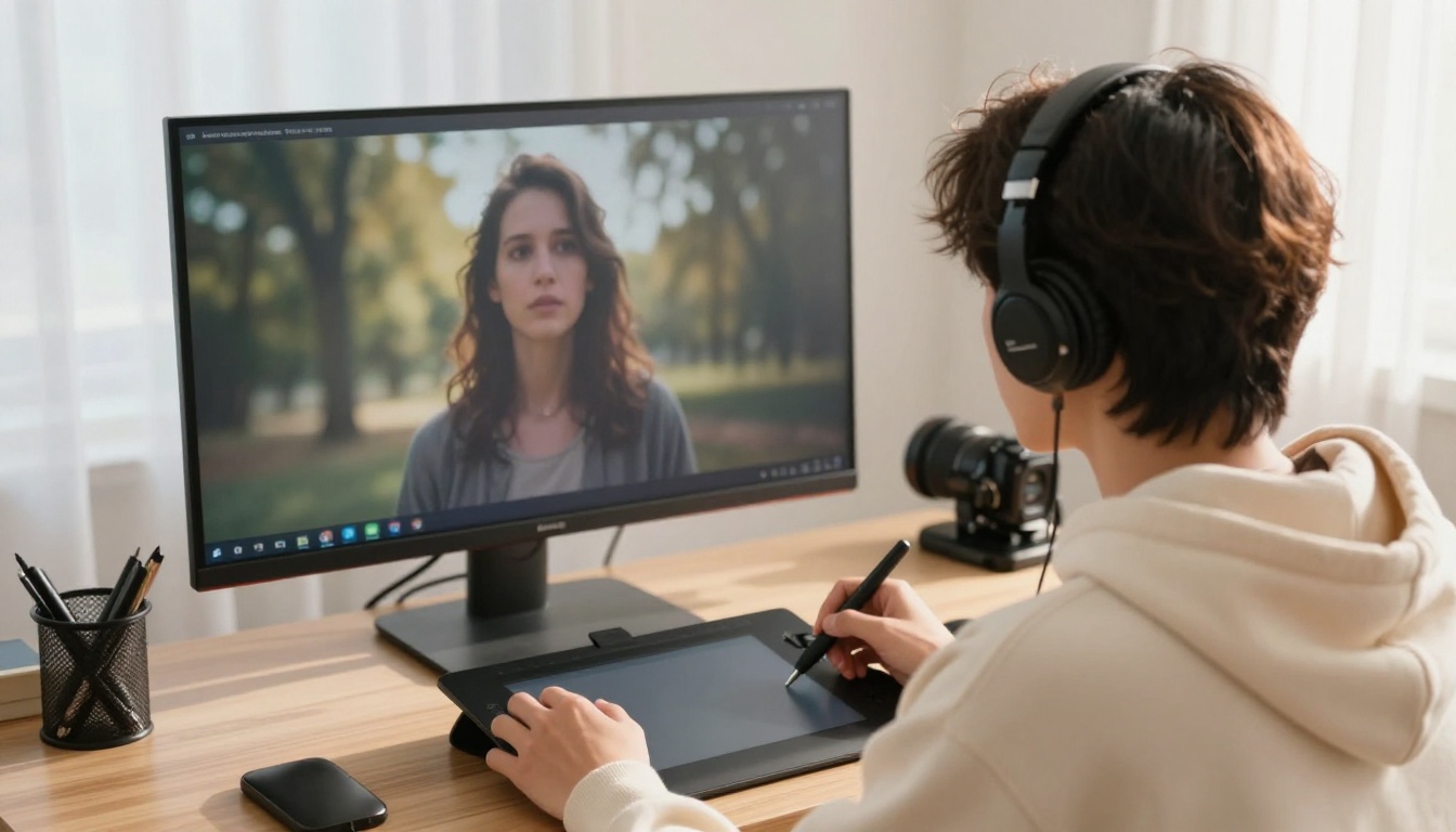 A content creator in a cream hoodie watching a short film preview on a large monitor