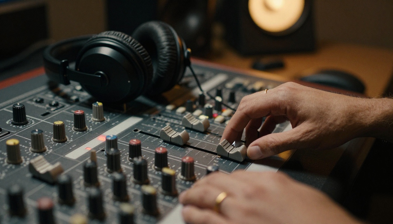 A sound engineer's hands resting on the faders of an analog mixing desk beside studio headphones
