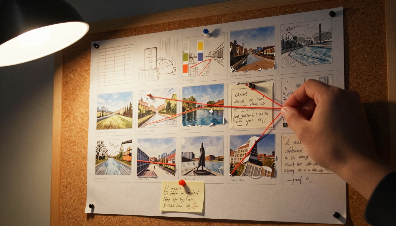 A corkboard of storyboard sketches and index cards lit from the side