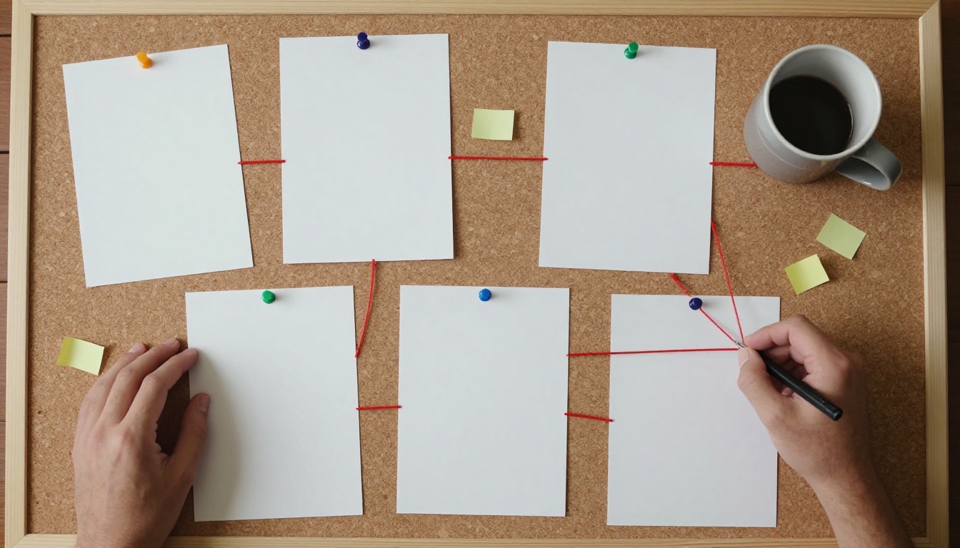 Two people pinning printed photographs onto a cork board as a reference layout