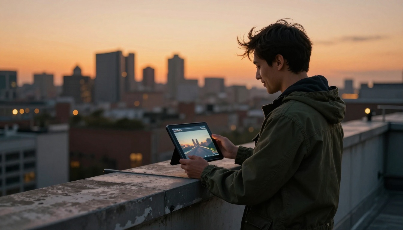 A filmmaker in a green field jacket on a rooftop at dusk holding a tablet