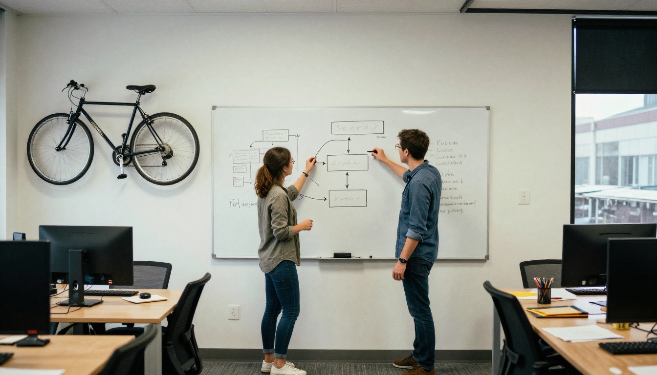 Two developers sketching boxes and arrows on a whiteboard in a small startup office