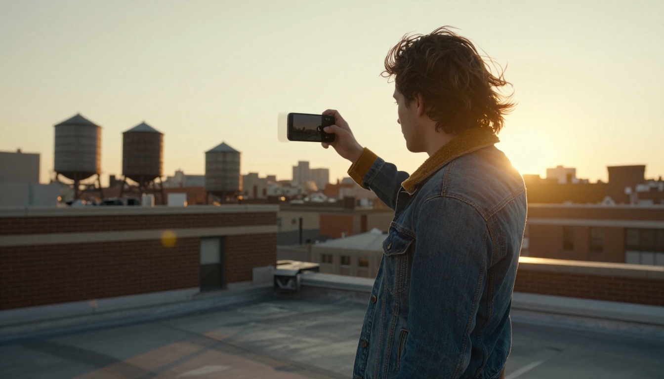 A content creator in a mustard jacket framing a short clip on his phone on a rooftop at golden hour