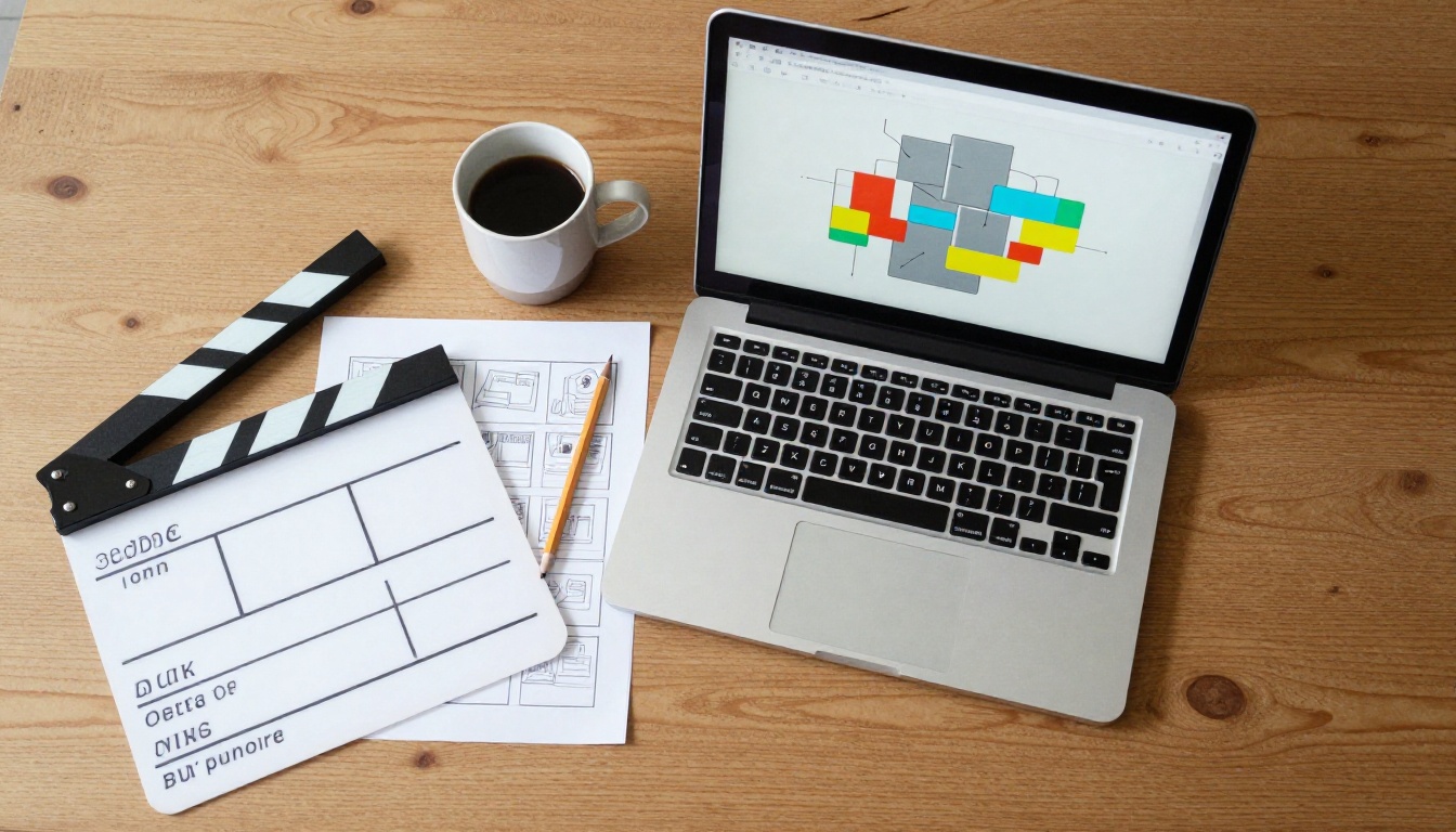 Overhead view of a filmmaker's oak desk with a laptop showing a node graph and printed storyboard frames