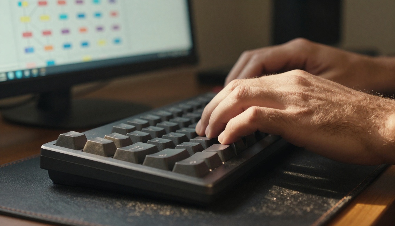 Close-up of a man's hands typing while a blurred monitor shows a grid of connected nodes
