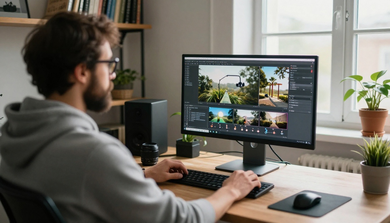 Over-the-shoulder view of a man loading a node workflow on a monitor in a bright home studio