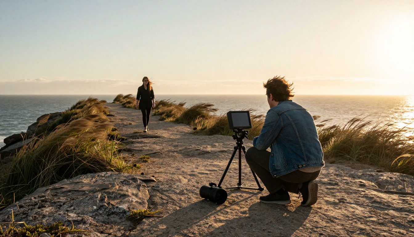 Low-angle wide shot of a film crew on a coastal cliff at golden hour beside a monitor on a tripod