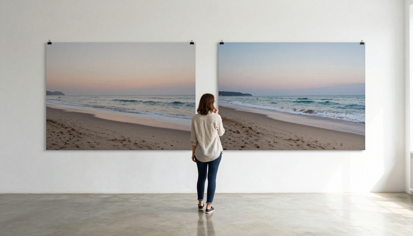 Wide shot of a woman comparing two large prints of the same beach at dawn and dusk on a white wall