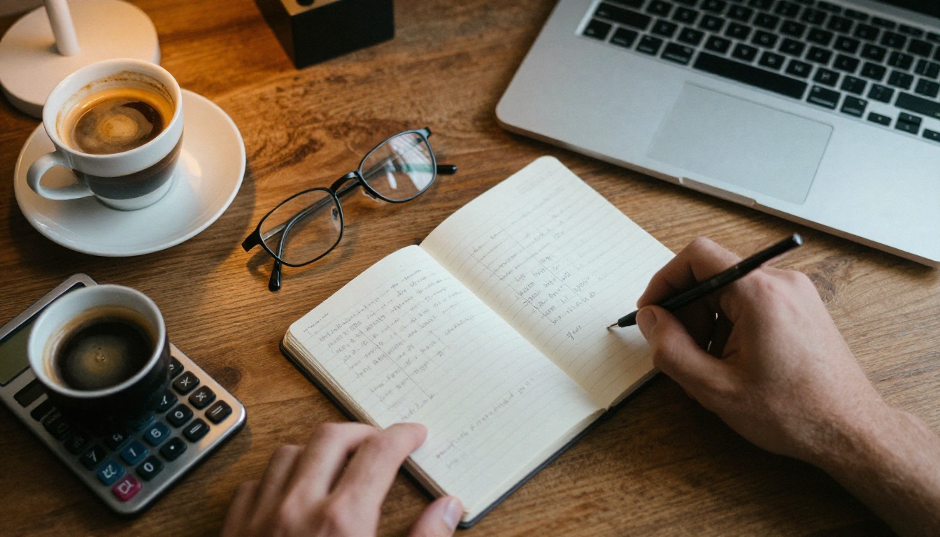Overhead view of a pocket calculator, a notepad of blurred figures and an espresso on a walnut desk