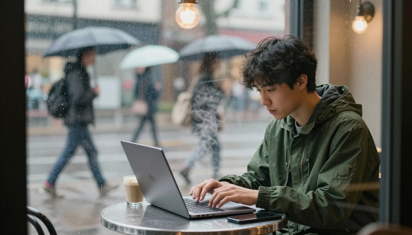 Candid shot through a rainy cafe window of a freelancer in a green parka working on a laptop
