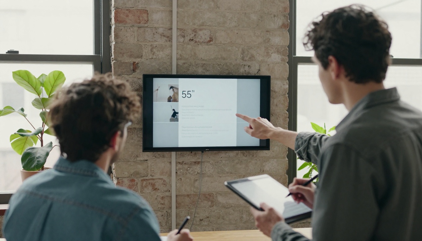 Two colleagues seen from behind reviewing a short film on a wall mounted display in a bright studio