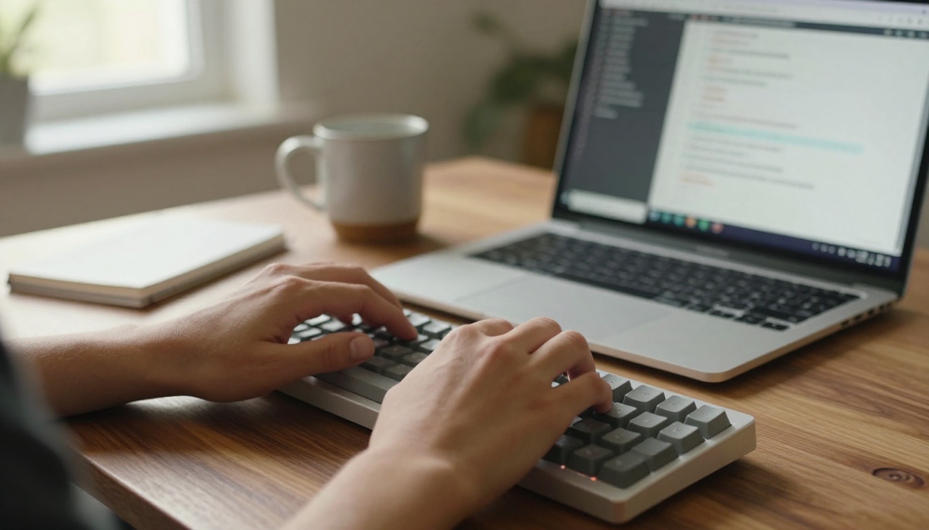 Close-up of hands typing at a walnut desk beside a laptop with blurred lines of code