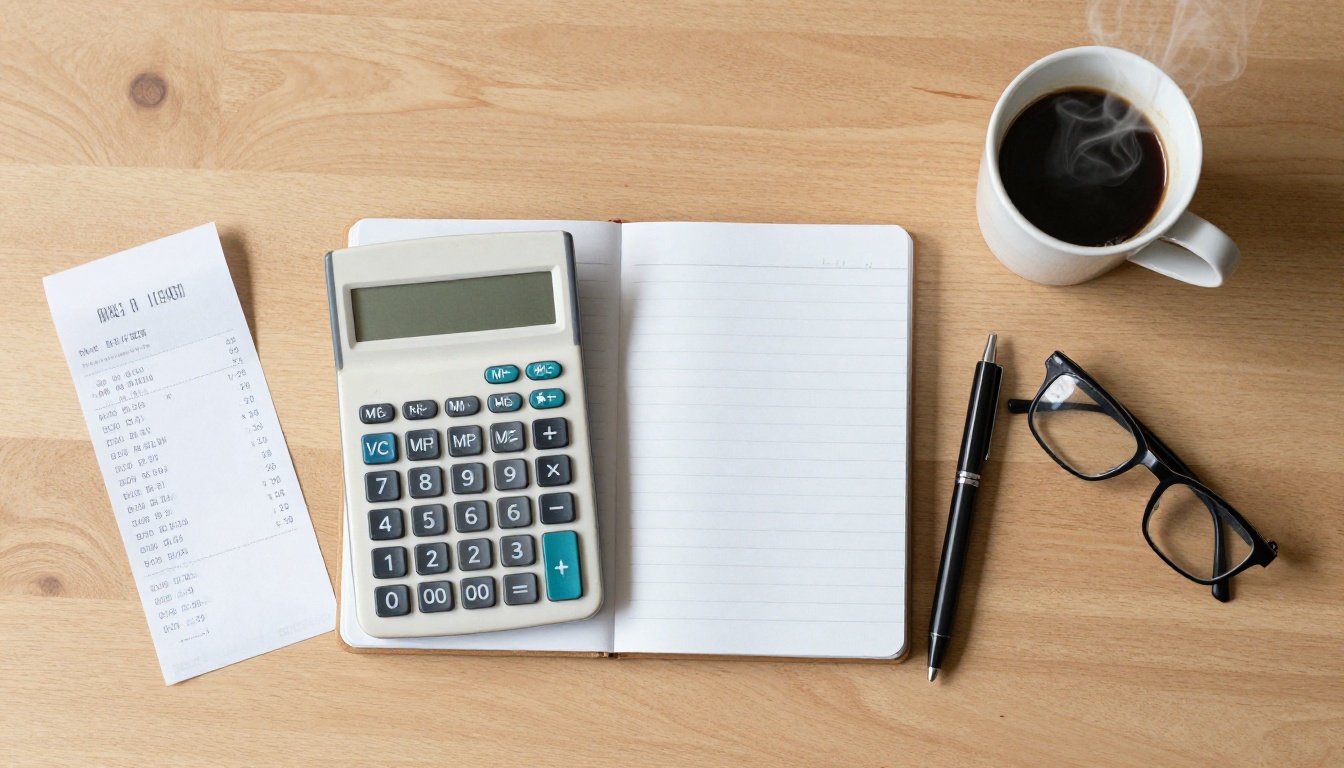 A flat lay with a calculator, receipt and notebook of handwritten numbers on a pale oak table