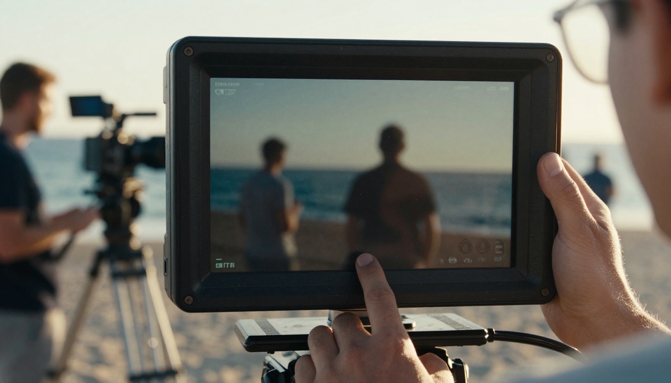 A film director's field monitor on a sunlit outdoor set, shot from a low angle