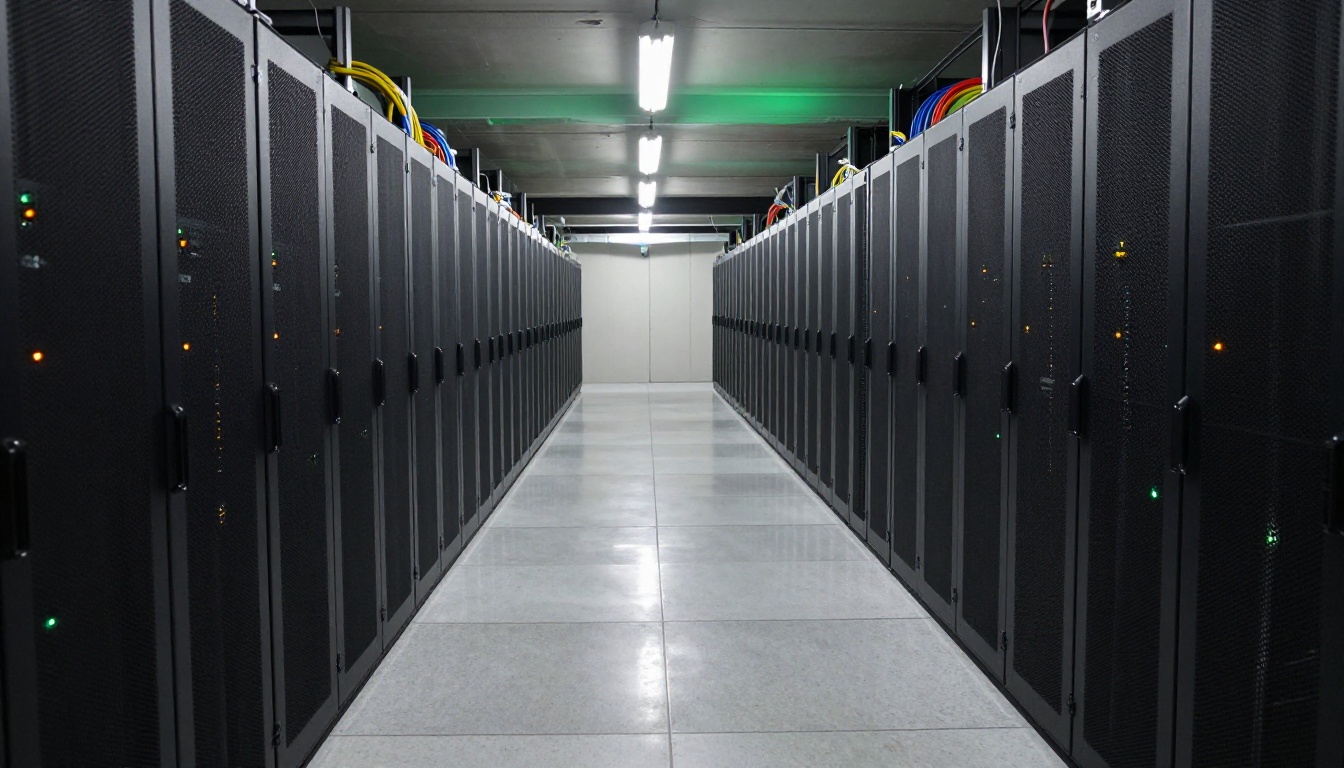 A rack-lined data center aisle with a polished concrete floor
