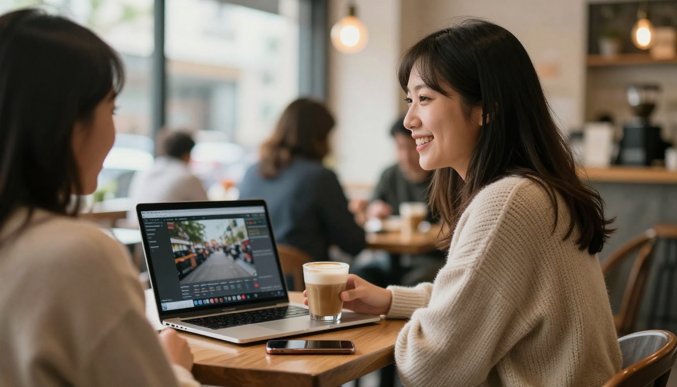 A freelance creator smiling at a laptop in a busy neighborhood cafe
