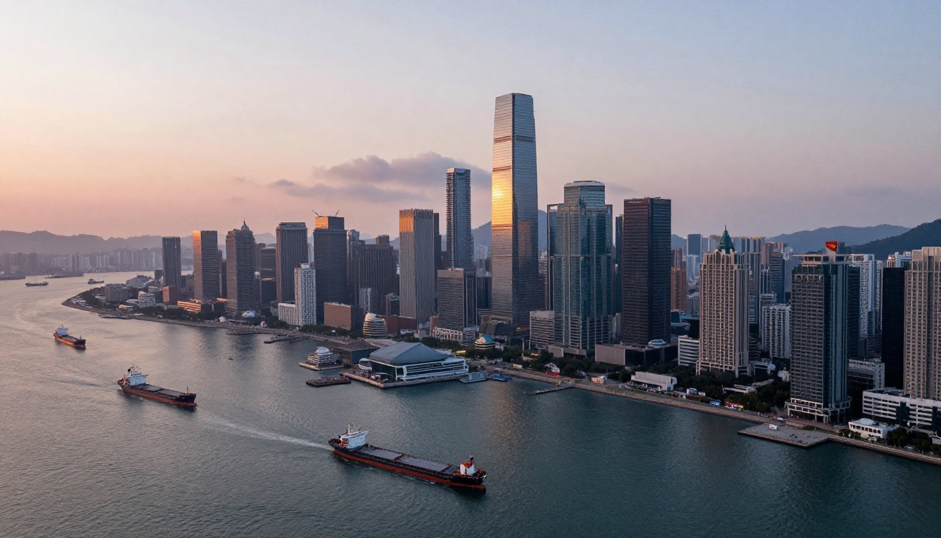 Aerial view of a harbor city skyline at dawn with a calm bay in the foreground