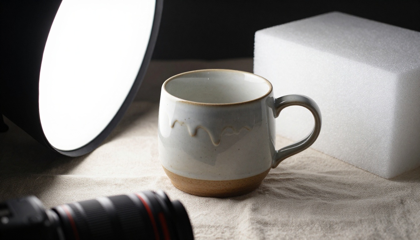 A handmade ceramic mug on a linen cloth in a small product photography setup