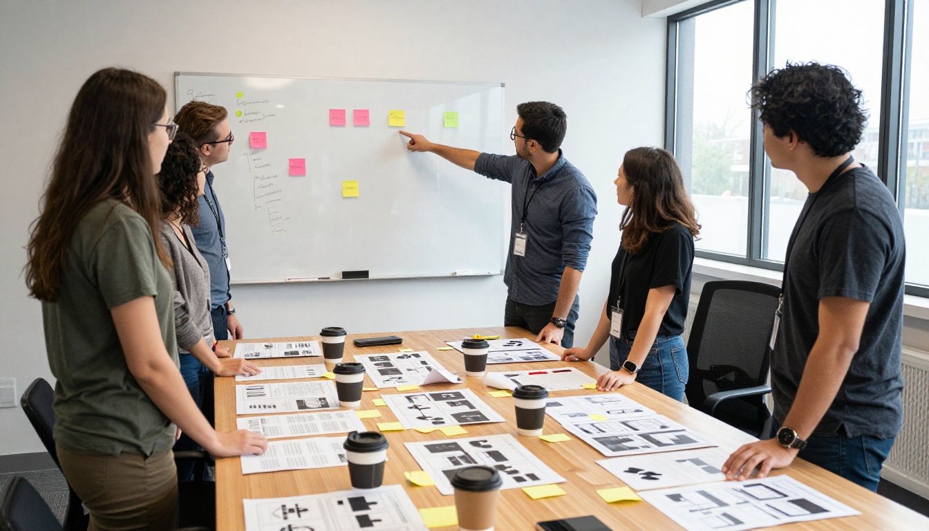 A marketing team around a wooden table piled with storyboard sheets and sticky notes