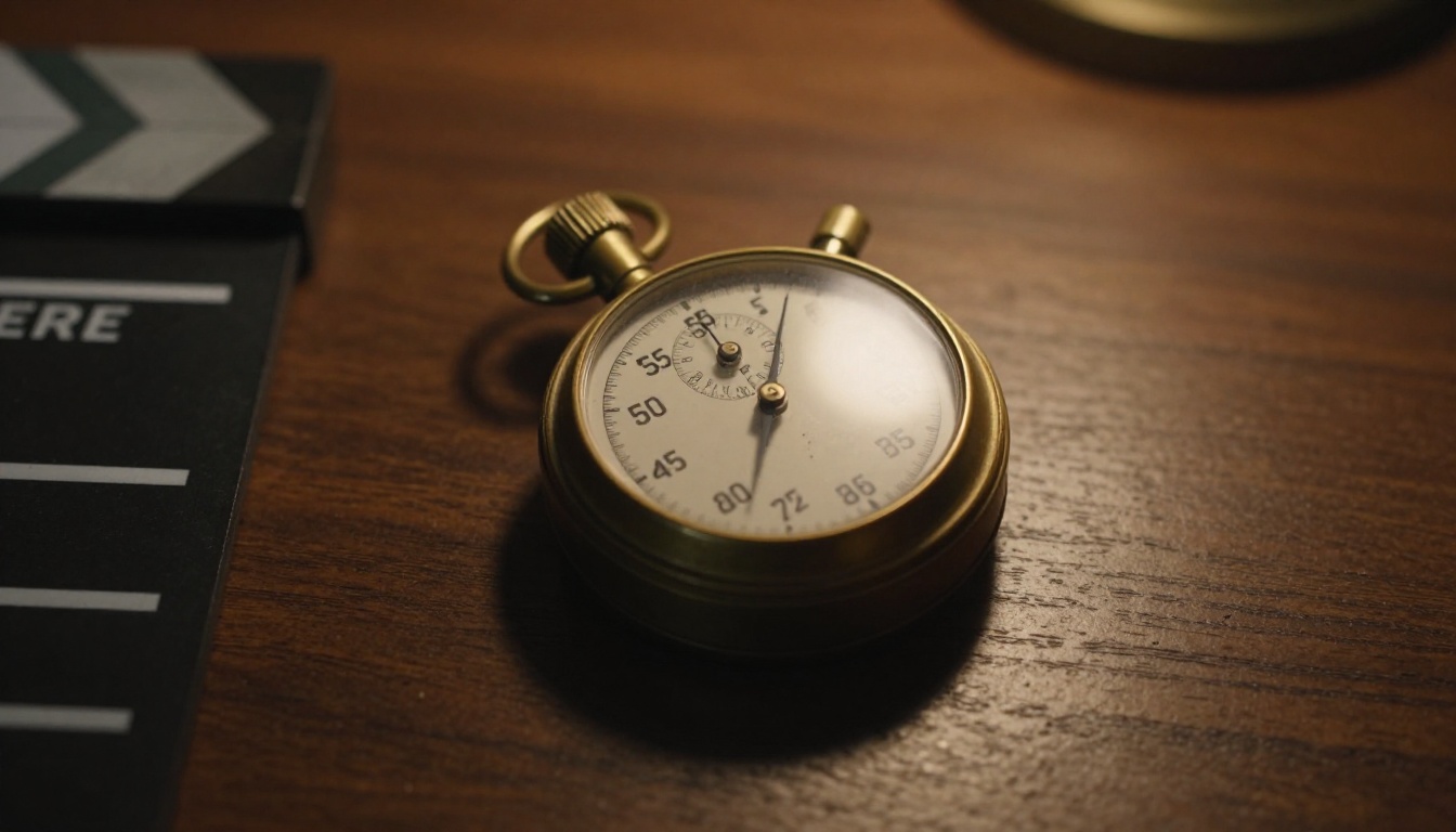 A brass stopwatch beside a black film clapperboard on a dark wooden desk
