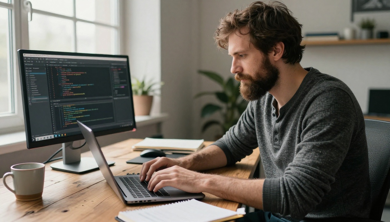 A developer typing code on a laptop in a sunlit loft office